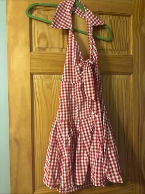 SHEIN Red and White Gingham Backless Halter Dress